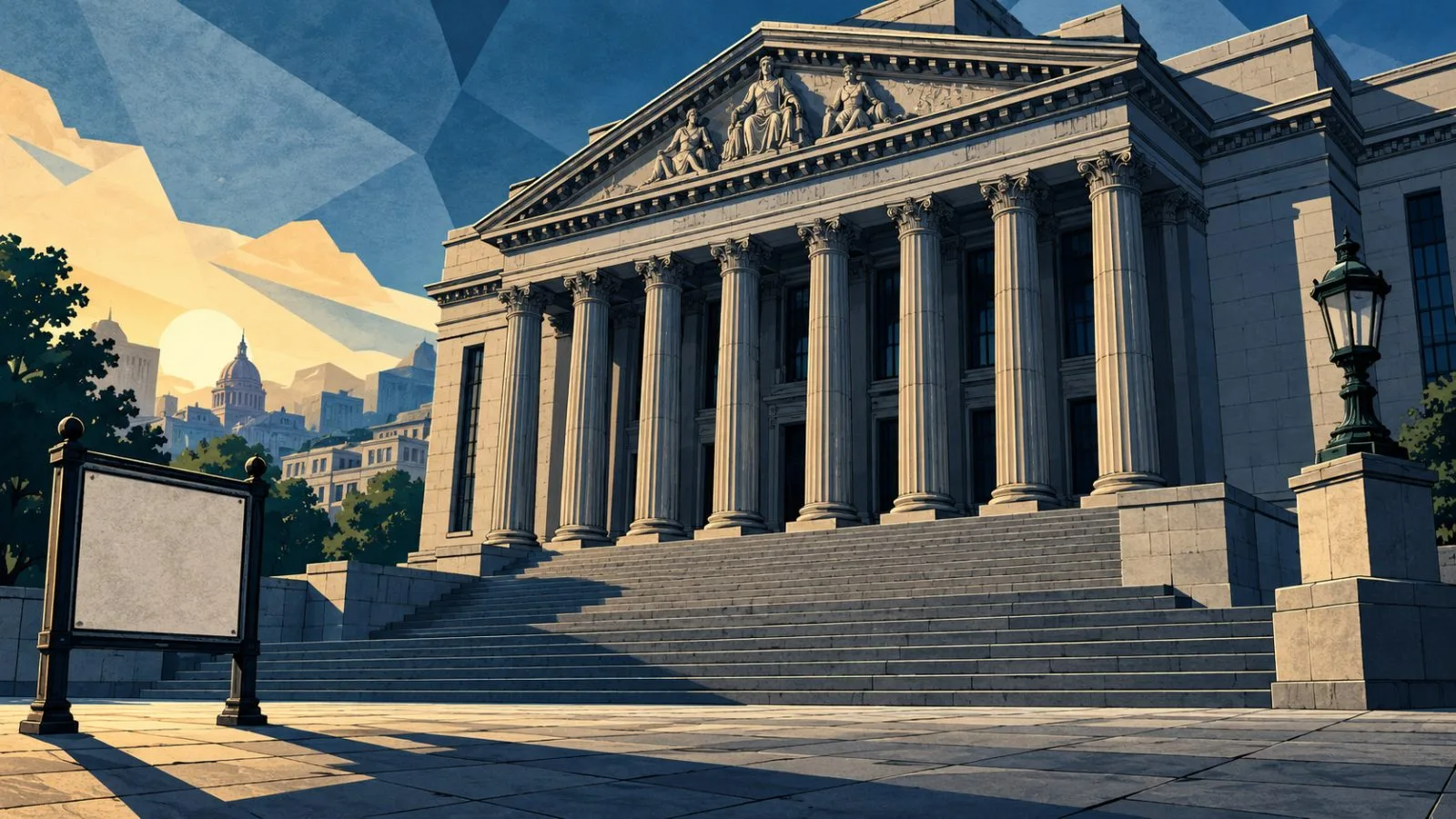 Monumental government building beneath cool early morning light / TokenPost.ai