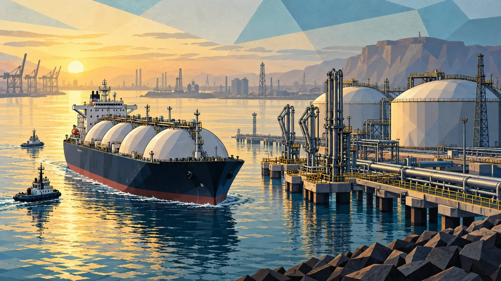 LNG tanker approaching an industrial terminal under pale morning light / TokenPost.ai