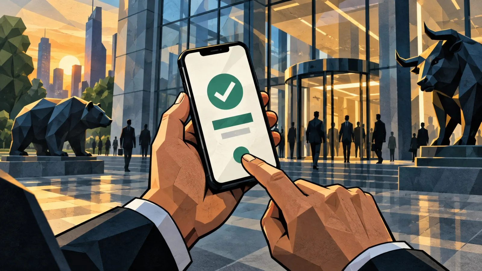 Hands pause above a phone displaying an unlabeled transaction confirmation / TokenPost.ai