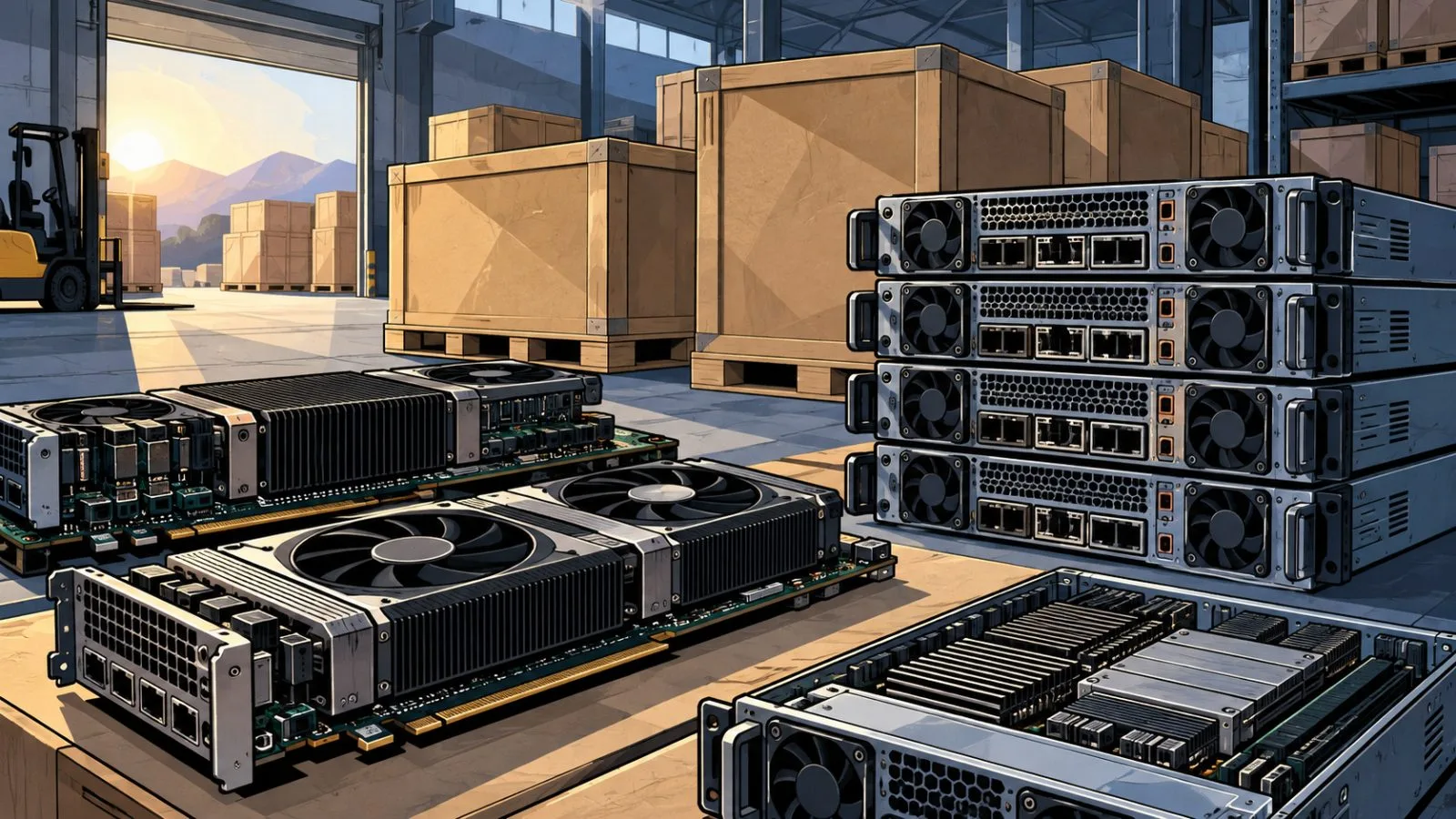 AI accelerator boards arranged beside sealed distribution crates / TokenPost.ai