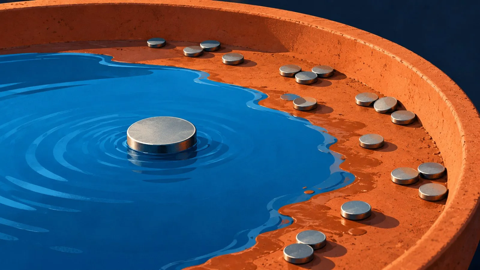 Unmarked metal tokens line the receding edge of a shallow basin / TokenPost.ai
