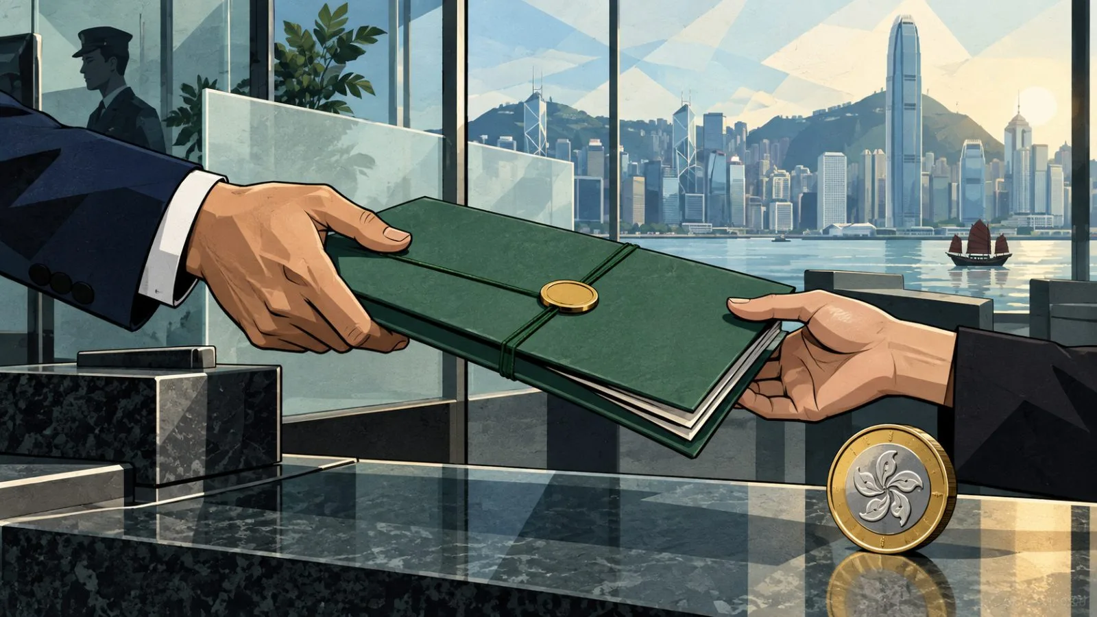 Hong Kong skyline beyond a secure bond settlement room / TokenPost.ai