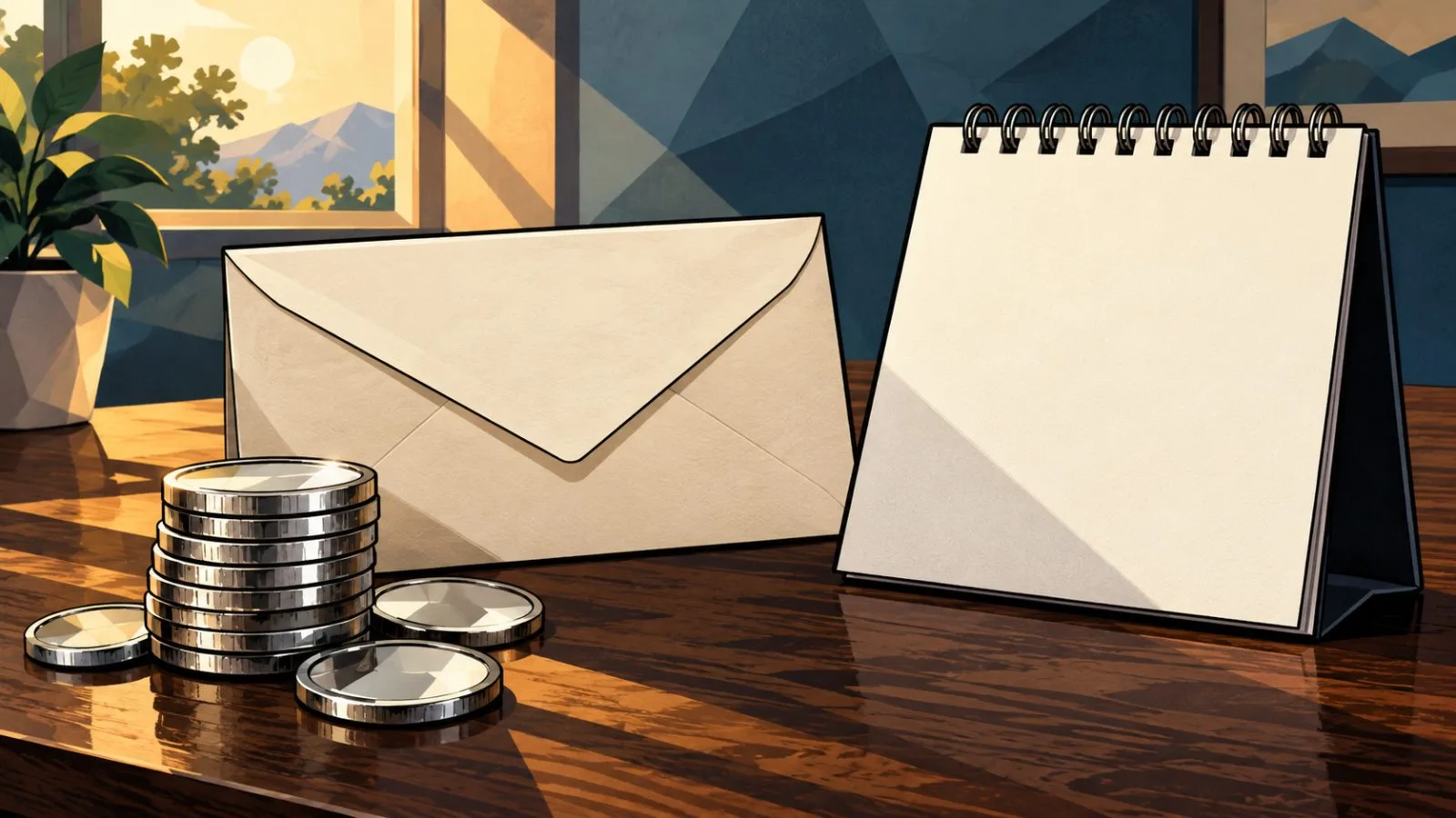Silver coins beside a sealed payment envelope and blank calendar / TokenPost.ai