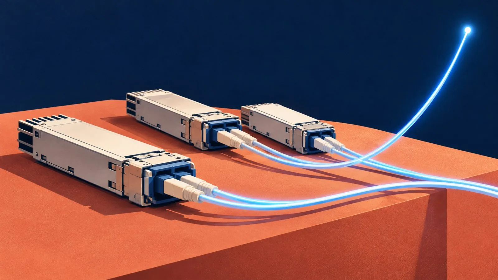 Optical transceivers and fiber leads arranged on a terracotta plinth / TokenPost.ai