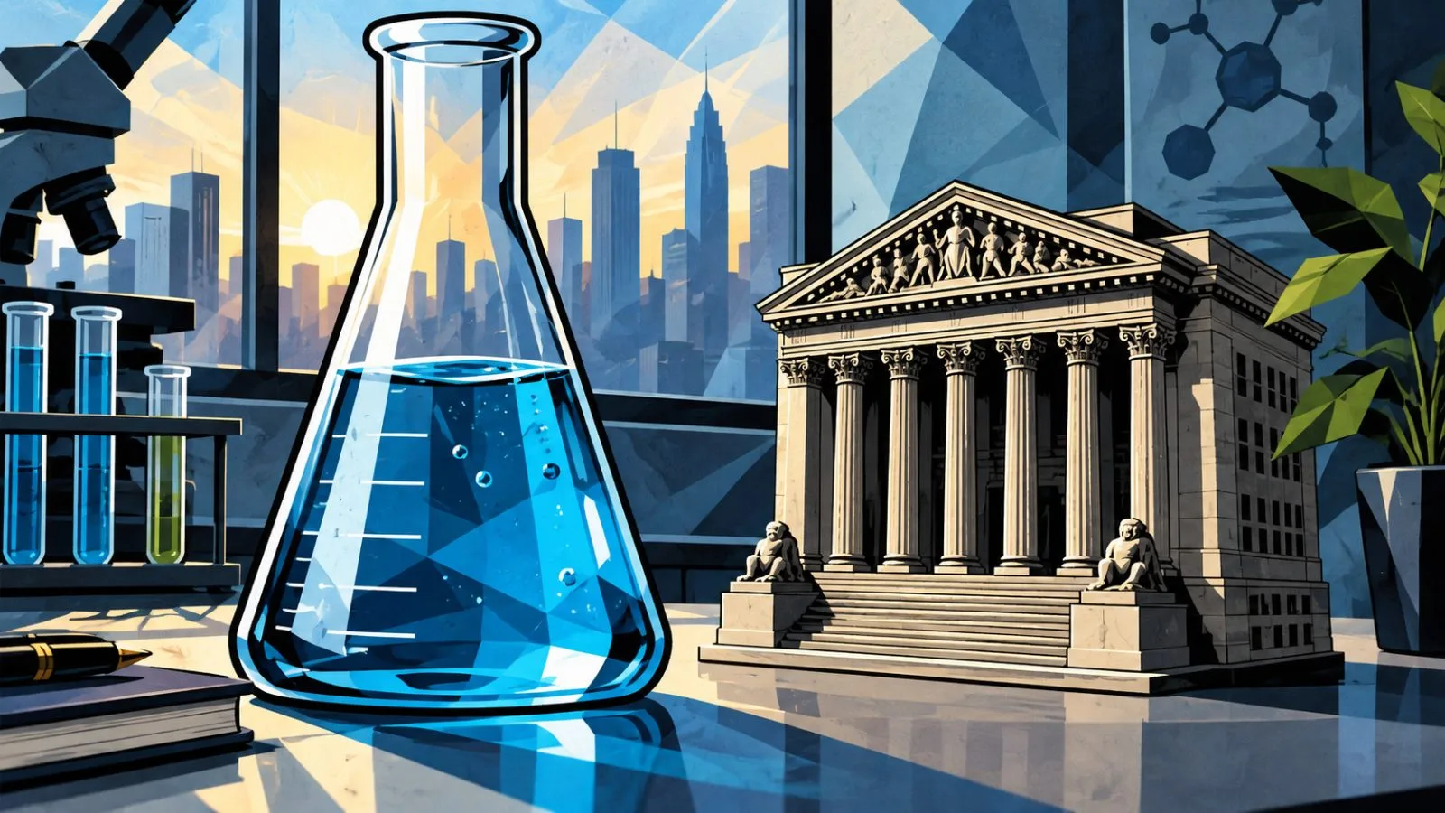 Glass flask beside a miniature stock exchange building / TokenPost.ai